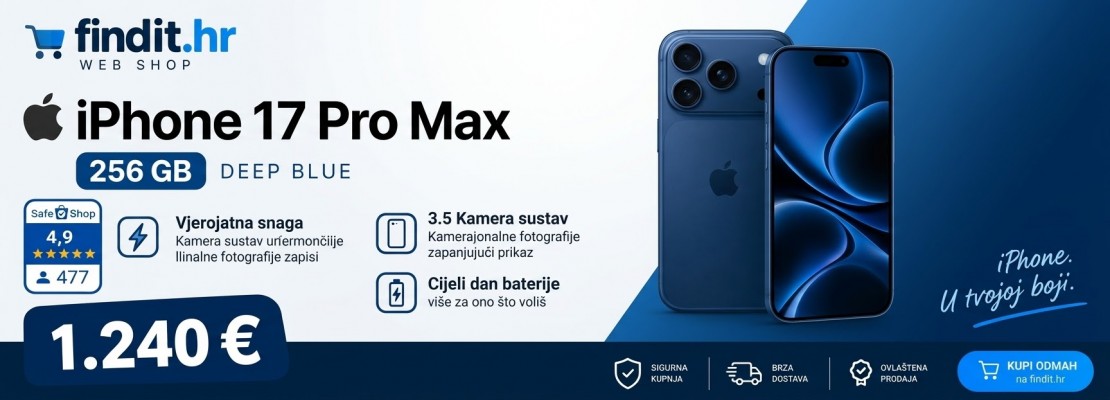 Animacija NOVI iPhone 17 Pro Max
256 GB • Deep Blue
Samo 1.240 €