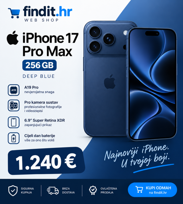 Animacija NOVI iPhone 17 Pro Max
256 GB • Deep Blue
Samo 1.240 €