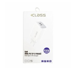 Slika proizvoda: KUĆNI PUNJAČ +CLASS TIP C DUAL PD 65W GAN BRZI 220V BIJELI