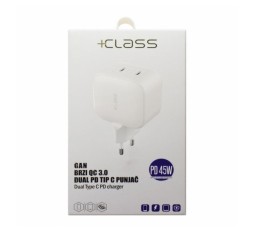 Slika proizvoda: KUĆNI PUNJAČ +CLASS USB-C DUAL PD 45W GAN BRZI QC 3.0 220V BIJELI