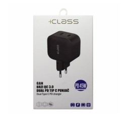 Slika proizvoda: KUĆNI PUNJAČ +CLASS USB-C DUAL PD 45W GAN BRZI QC 3.0 220V CRNI