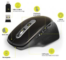 Slika proizvoda: Port miš OFFICE EXE punjivi WL+BT, USB-A/C, crni